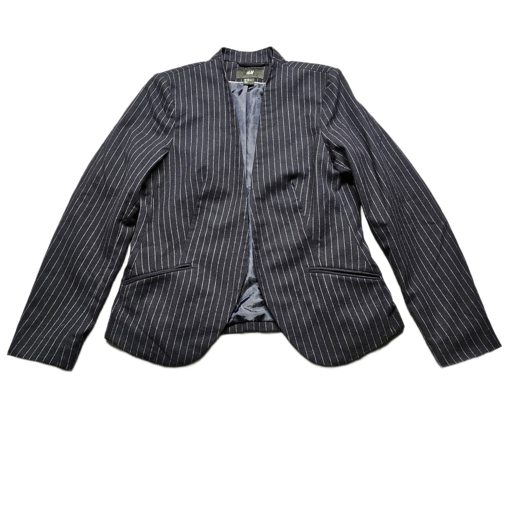 H&M Blazer Jacket Womens 10‎ Navy Blue Pinstripe Lined Stretch Formal Open Front